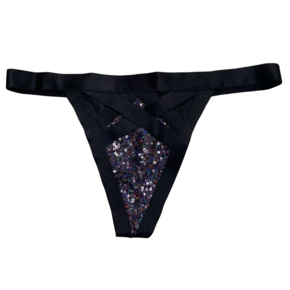 Victoria's Secret Black Sequence Criss Cross Thong NWOT Size Medium
